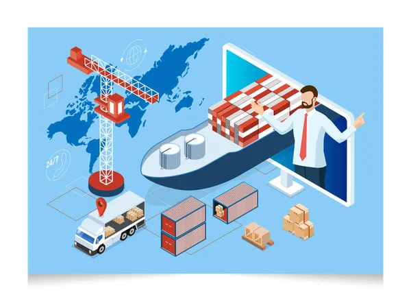 Isometriskt Globalt Logistiknätverkskoncept Med Transportdrift Export Import Frakt Flyg Väg — Stock vektor