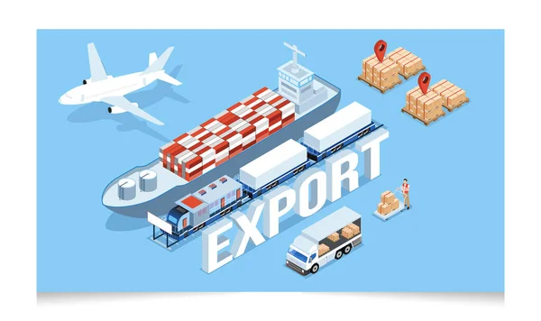 Isometriskt Globalt Logistiknätverkskoncept Med Export Import Transport Cargo Air Road — Stock vektor