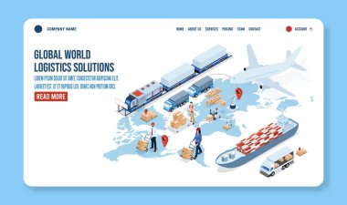 Akıllı Lojistik, İş Lojistiği, Depo Lojistik, Çevrimiçi dağıtım, İhracat ve İthalat ile 3D izometrik Global lojistik çözümleri iniş sayfası konsepti. Vektör illüstrasyonu sps10