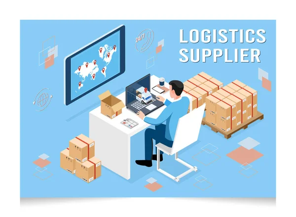 Ισομετρική Logistics Προμηθευτής Έννοια Επιχειρηματία Που Εργάζονται Ένα Τραπέζι Ένα — Διανυσματικό Αρχείο