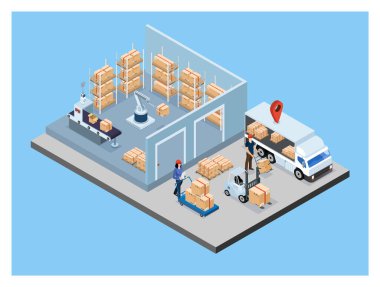 Taşımacılık, İhracat, İthalat, Kargo, Forklif, Teslimat Kamyonu ile 3D izometrik Depo Çalışma Süreci Konsepti. Vektör illüstrasyonu EPS 10