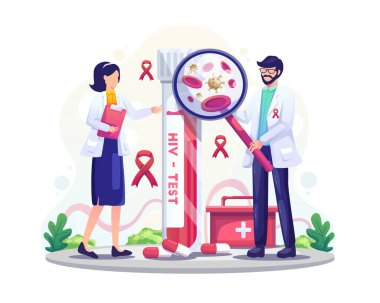 HIV test tüplü tıp çalışanları AIDS 'i araştırıyor. Dünya AIDS Günü Vector Illustration