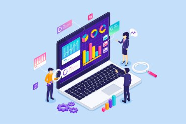 İş ekibi büyük bir dizüstü bilgisayardaki çizelgeleri ve şemaları izliyor. İş Veri Analizi ve İstatistiksel Danışmanlık, Mali Raporlar ve Yatırımlar. Isometric Vektör İllüstrasyonu