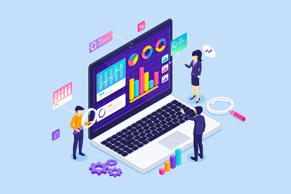 İş ekibi büyük bir dizüstü bilgisayardaki çizelgeleri ve şemaları izliyor. İş Veri Analizi ve İstatistiksel Danışmanlık, Mali Raporlar ve Yatırımlar. Isometric Vektör İllüstrasyonu