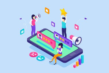 Büyük bir akıllı telefonun yakınındaki gençler bir ürün veya hizmet için değerlendirme, geri bildirim ve değerlendirme yapıyorlar. Müşteri deneyimi ve tatmin kavramı. Isometric Vektör İllüstrasyonu