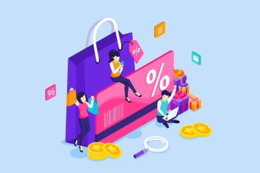 Sadakat pazarlama programı konsepti. Devasa sadakat kartı olan insanlar, ödül kartı puanları, hediye kutuları, indirimler ve ikramiyeler. Isometric Vektör İllüstrasyonu