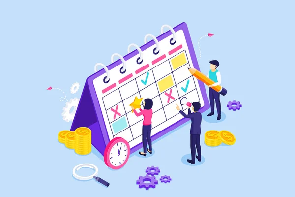 ビジネス人々は巨大なカレンダーの作業スケジュールを記入しています ビジネスと仕事の計画のスケジュール 毎日のルーチン および時間管理の概念 等角ベクトル図 — ストックベクタ