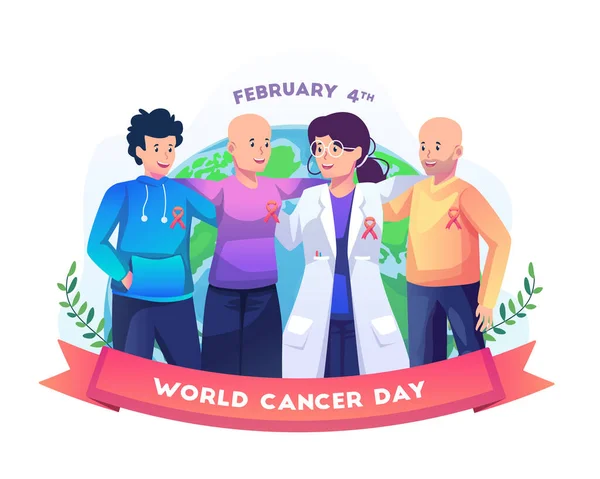 幸せな女性医師ががん患者を抱き合っています 人々は平らなスタイルのベクトル図で世界癌の日を祝う — ストックベクタ