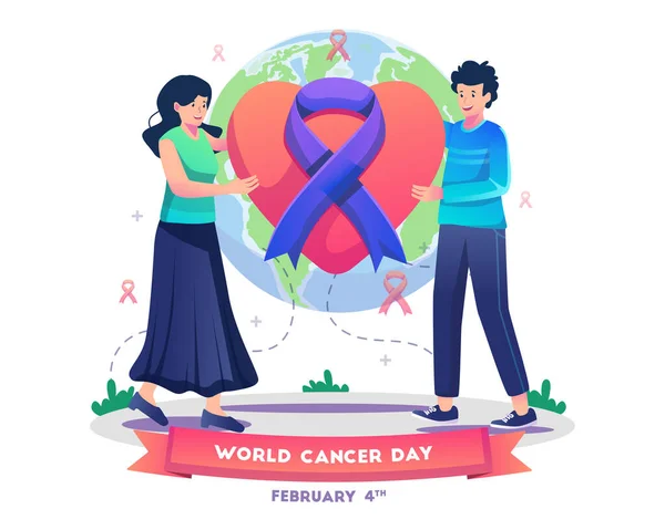 世界癌の日を祝うカップルは 平らなスタイルのベクトルイラストに地球の背景と紫色の癌意識リボンと装飾された愛のシンボルを保持することによって — ストックベクタ