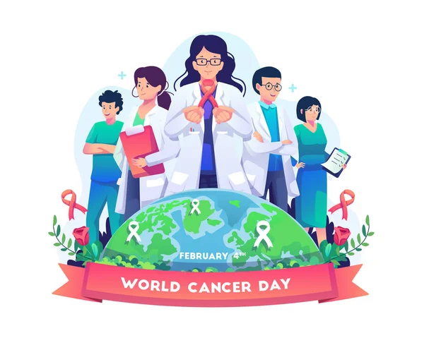 赤いリボン癌の認識シンボルを保持する女性医師 看護師 医療従事者は世界がんの日を祝う 平面図ベクトル図 — ストックベクタ