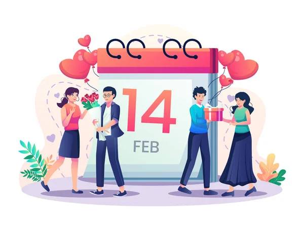 Junge Paare Beschenken Sich Gegenseitig Liebespaare Feiern Februar Den Valentinstag — Stockvektor