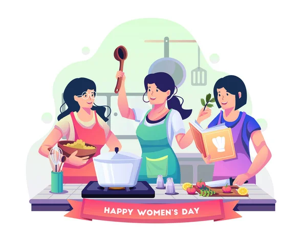 Happy Beautiful Women Cooking Together Kitchen Celebrate Women Day Women — Stock Vector