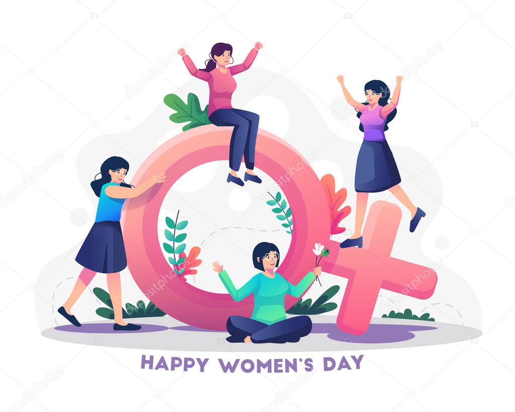 young women celebrate women's day by playing near a big female symbol of gender. International Women's Day concept Flat style vector illustration