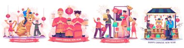 Çin Yeni Yılı 'nın setinde insanlar Ay' ın yeni yılını kutluyor. Çocuklar zodyak aslanıyla oynuyorlar. Aile çevrimiçi alışveriş. Bir çift marketten alışveriş yapıyor. düz biçim vektör çizimi