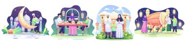 Set of Ramadan concept illustration. Happy Muslim people celebrate Holy Month Ramadan, Iftar, Read Qur'an, Eid Mubarak greeting. vector illustration clipart