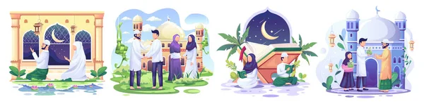 Set Illustrazione Concetto Ramadan Happy Muslim People Celebrate Holy Month — Vettoriale Stock