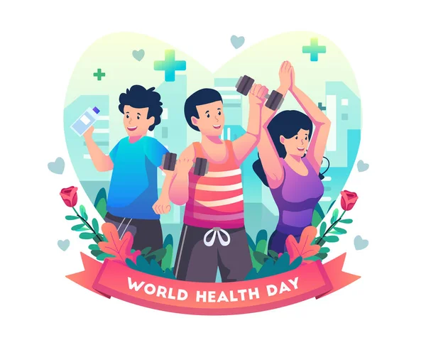 世界保健デーのイラストのコンセプトは 人々が健康を維持するために運動している 平面図ベクトル図 — ストックベクタ