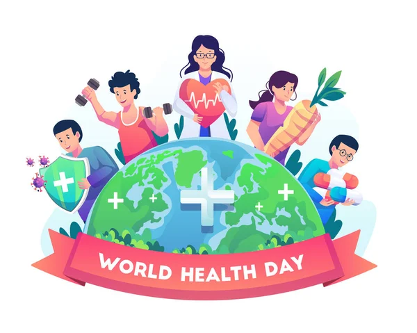 世界保健デーには 世界中の多様な人々が健康的なライフスタイルをリードしています 平面図ベクトル図 — ストックベクタ