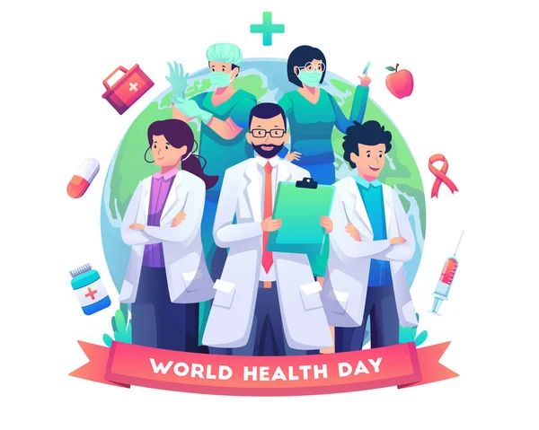 世界の健康デーを祝う地球の前に立つ医師や看護師の医療スタッフグループ 平面図ベクトル図 — ストックベクタ