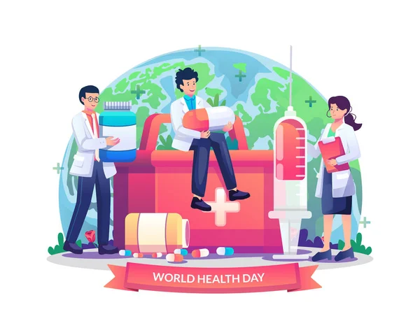 Světový Den Zdraví Ilustrace Koncepce Skupinou Lékařů Přinést Zdravotní Medicínu — Stockový vektor