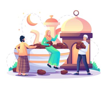 Müslümanlar, Ramazan ayında oruç tuttuktan sonra iftar partisi kutlamasına hazırlanıyorlar. Kâsede tatlı hurma, İslami fener ve Arap kahve fincanı. Düz biçim vektör illüstrasyonu