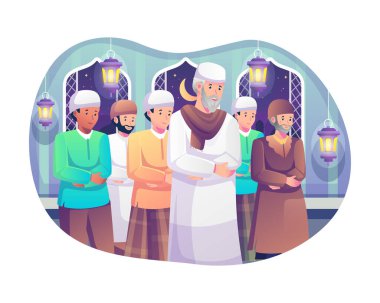 Müslümanlar, Ramazan ayında gece namaz kılarlar. Camideki cemaatin duaları. Düz biçim vektör illüstrasyonu
