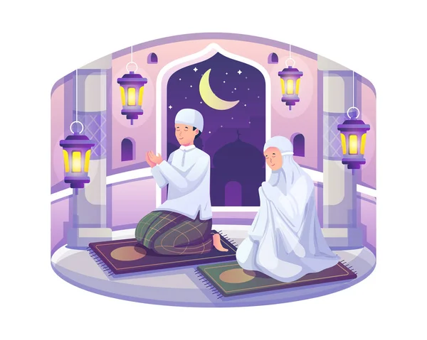Ein Muslimisches Ehepaar Und Seine Frau Beten Gemeinsam Der Nacht — Stockvektor