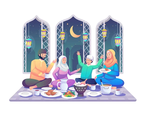 Muselman Familj Ätande Iftar Efter Fasta Njuter Ramadan Kareem Mubarak — Stock vektor