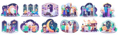 Ramazan konsept illüstrasyonunu ayarla. Mutlu Müslümanlar kutsal Ramazan 'ı, iftar partisini, Kur' an 'ı, Taraweeh' i, Kurban Bayramı 'nı kutluyor. vektör illüstrasyonu