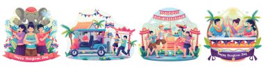 Bir grup insan, Songkran festivalini Tayland Geleneksel Yeni Yıl Günü 'nü birbirlerinin üzerine su sıçratarak kutluyor. Vektör İllüstrasyonu