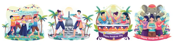 Set People Celebrates Songkran Festival Thailand Traditional New Year Day — Stock Vector