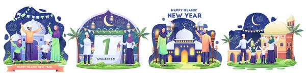 Set Muslim Family Celebrating Islamic New Year Torches Festival Flat — Stock Vector