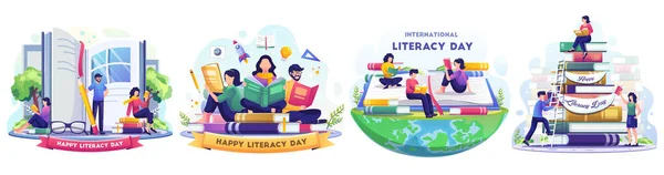 Set International Literacy Day Konzept Mit Menschen Feiern Alphabetisierungstag Durch — Stockvektor