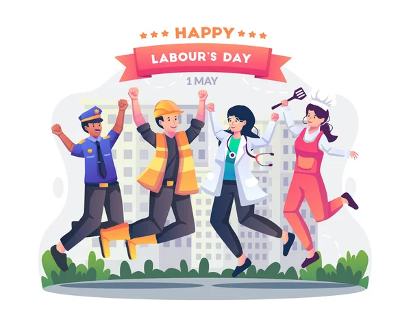 Εργατικοί Εργαζόμενοι Διαφορετικά Επαγγέλματα Διασκεδάζουν Πηδώντας Μαζί Ευτυχισμένα Γιορτάζοντας Την — Διανυσματικό Αρχείο