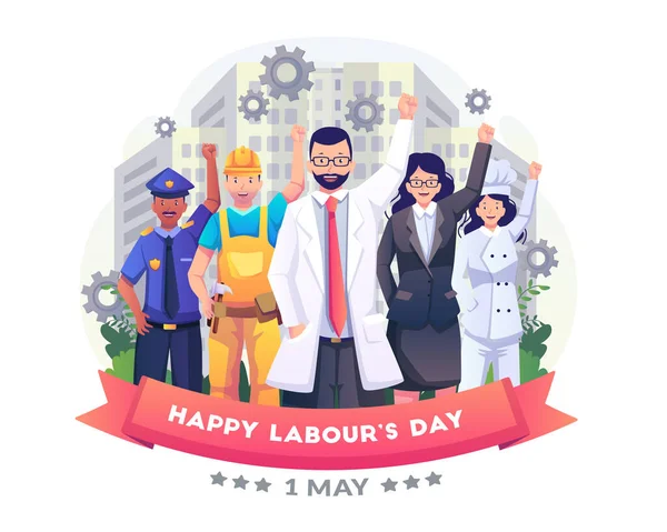 Εργάτες Άνθρωποι Διαφορετικά Επαγγέλματα Γιορτάζουν Την Ημέρα Της Εργασίας Σηκώνοντας — Διανυσματικό Αρχείο