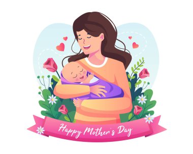 Anne kucağında büyük bir sevgiyle bir bebek taşıyor. Anneler Günün kutlu olsun. Düz biçim vektör illüstrasyonu