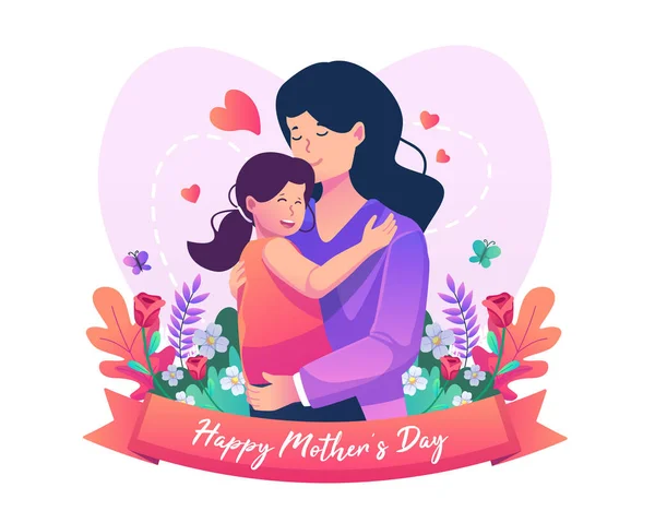 Mãe Sua Filha Fofa Estão Abraçando Com Muito Amor Feliz — Vetor de Stock
