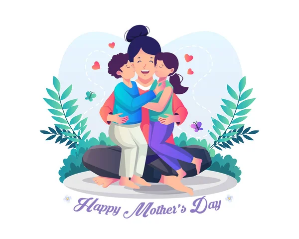 Çocuk Annelerinin Mutlu Yanaklarına Sarılıp Öpüyor Anneler Günün Kutlu Olsun — Stok Vektör