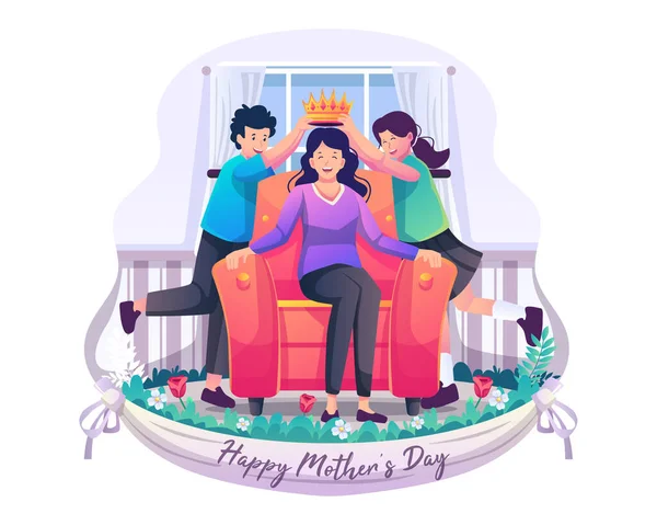 2人の子供の息子と娘がソファに座っている母親に冠をかぶせています 幸せな母親の日 平面図ベクトル図 — ストックベクタ