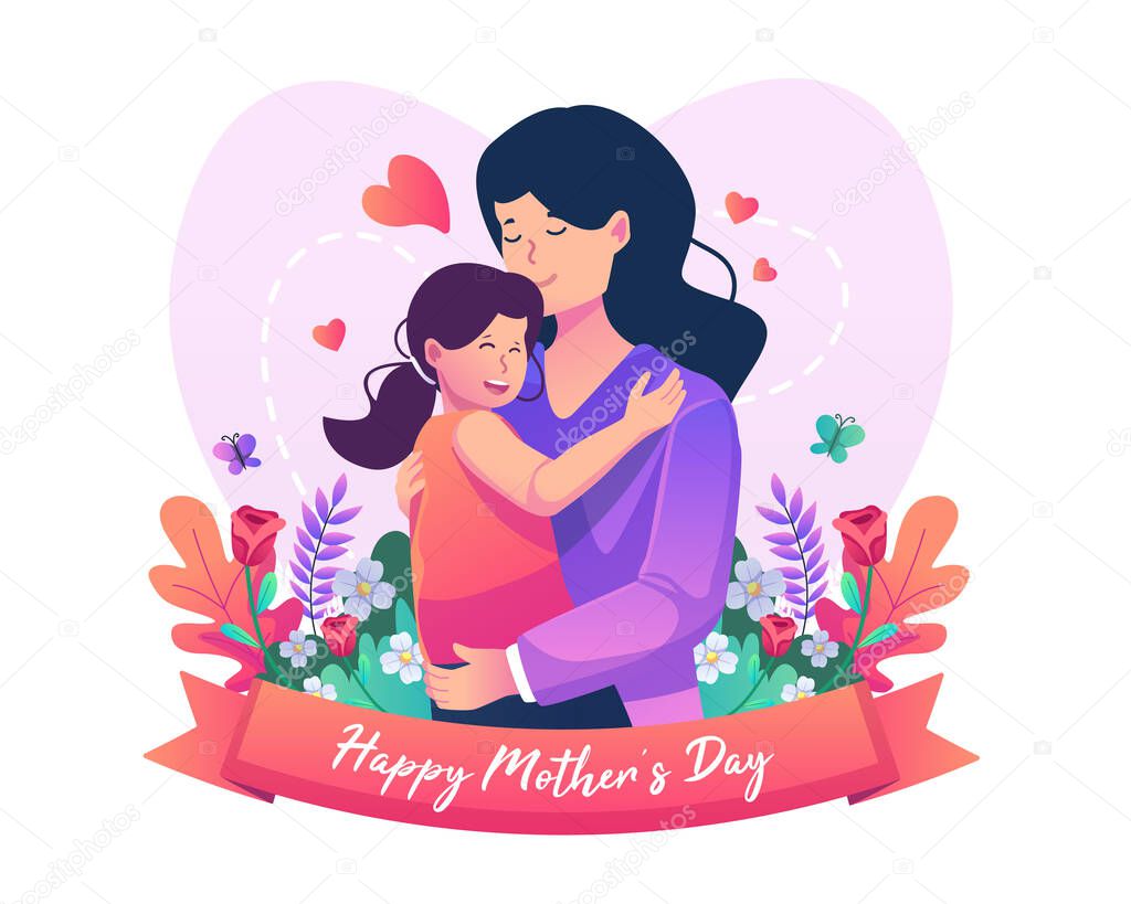 Mother and her cute daughter are hugging with a lot of love. Happy mother's day. Flat style vector illustration