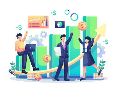 Business Financial Growth konsepti mutlu insanların başarısını arttırır. Yatırım sektöründe gelişme. Düz biçim vektör illüstrasyonu