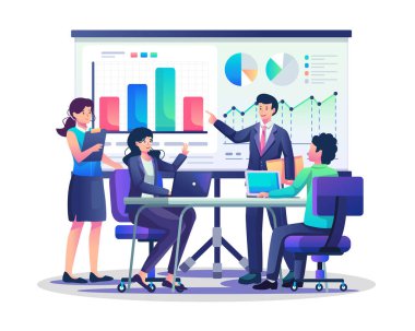 İş adamlarının kurul toplantıları ve sunumları olur. Analiz, pazarlama ve strateji kavramı. Düz biçim vektör illüstrasyonu