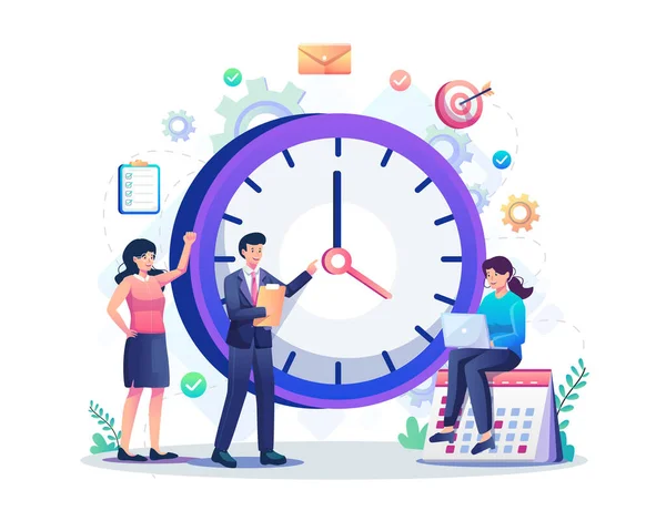 Time Management Concept Zakelijke Mensen Werken Buurt Van Grote Klok — Stockvector