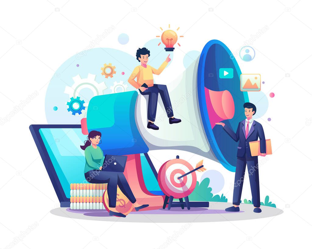 Marketing strategy campaign concept with people working near a big megaphone. Business advertising marketing and promotion. Flat style vector illustration