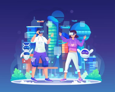 Gelecekten gelen bir şehrin simülasyonunda VR kulaklık takan bir kadın ve erkek. Eğlence ve metaevrendeki görsel deneyim için sanal dünyanın simülasyonu. Vektör illüstrasyonu