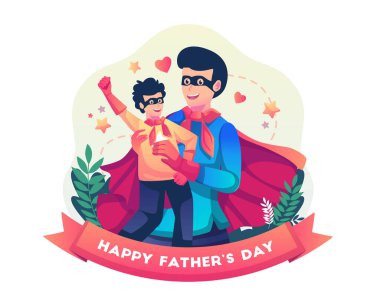 Father and son celebrate Father's Day with both dressed in superhero costumes. The father happily carried his son. Flat style vector illustration