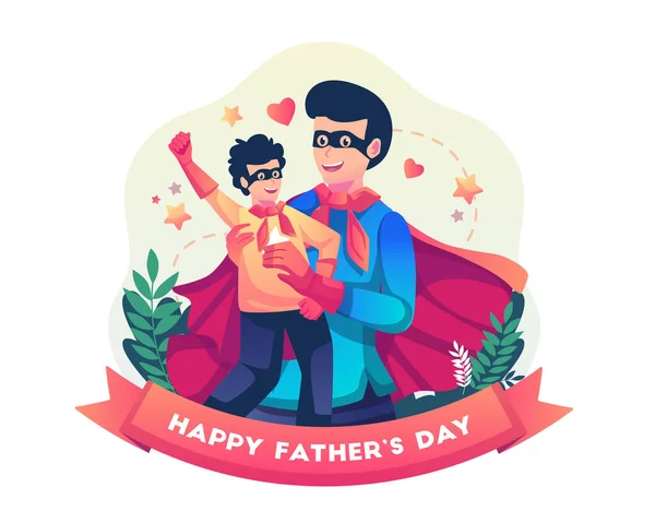 父と息子はスーパーヒーローの衣装を着て父の日を祝う 父は喜んで息子を運んだ 平面図ベクトル図 — ストックベクタ
