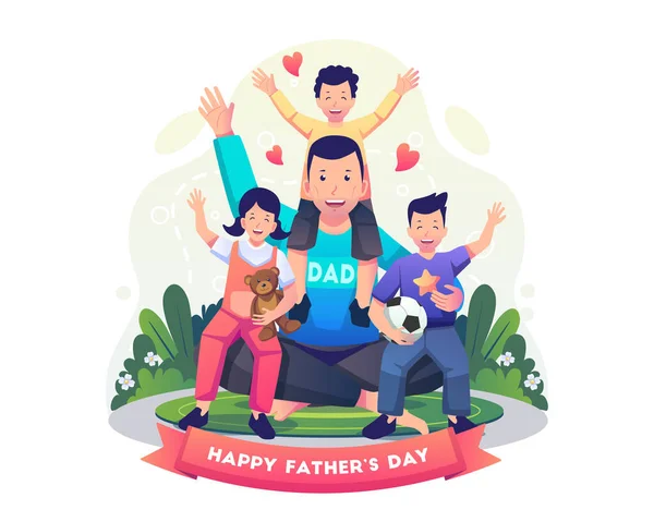 パパの膝の上に座っている子供たちと幸せな父の日の概念と彼の肩の上に座っている 父と子供たちは喜んで手を挙げて楽しい時間を過ごしています 平面図ベクトル図 — ストックベクタ