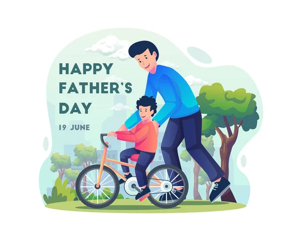 Happy Father Day Concept Father Teaching His Son Ride Bicycle — стоковый вектор