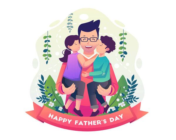 Father happily holds his children. Son and daughter hug and kiss their happy father's cheeks from both sides. Happy Father's Day Greeting. Flat style vector illustration